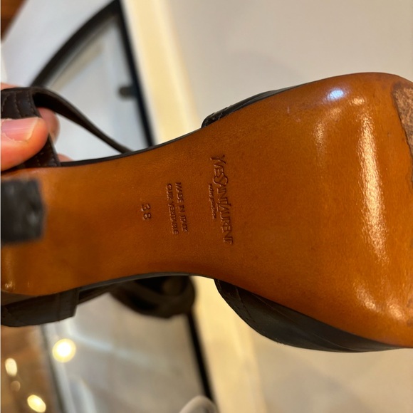 YSL Yves Saint Laurent Platform Stiletto Heels Brown Leather Size 38 Open Toe - Picture 7 of 10